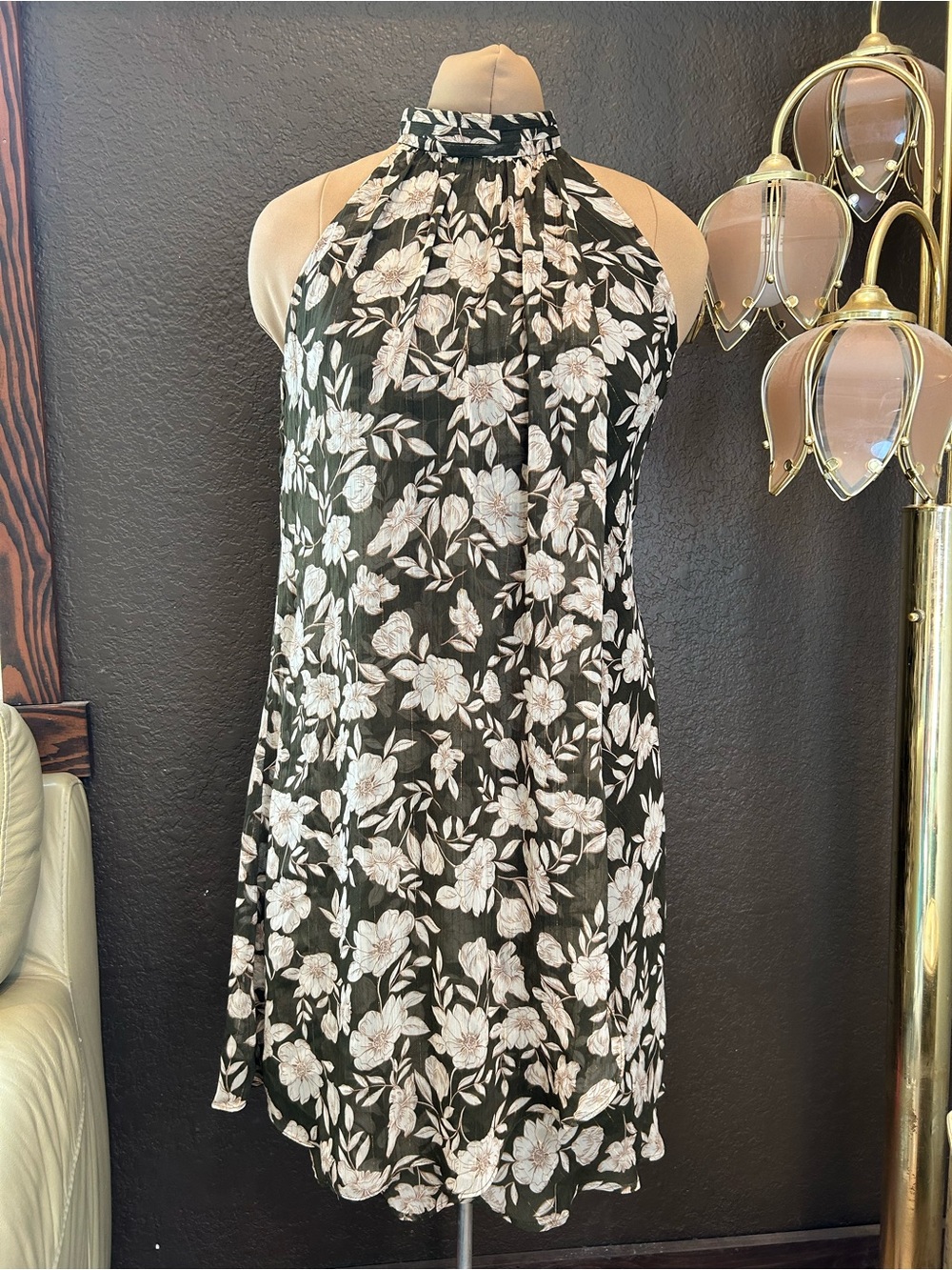 Sleeveless Halter Floral Dress in Green and White